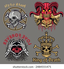 set, gothic sign with skull (Hand drawn vector image), grunge vintage design t shirts