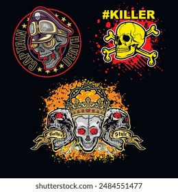 set, gothic sign with skull (Hand drawn vector image), grunge vintage design t shirts