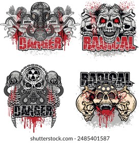 set, gothic sign with skull (Hand drawn vector image), grunge vintage design t shirts
