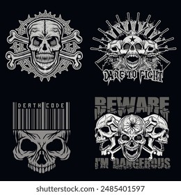 set, gothic sign with skull (Hand drawn vector image), grunge vintage design t shirts
