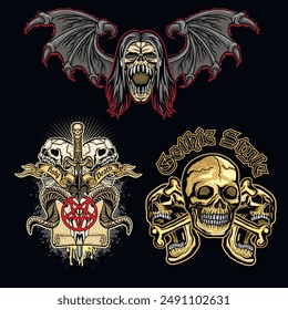 set gothic sign with skull (Hand drawn vector image), grunge vintage design t shirts