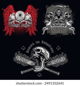 set gothic sign with skull (Hand drawn vector image), grunge vintage design t shirts
