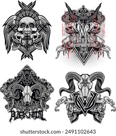 set gothic sign with skull (Hand drawn vector image), grunge vintage design t shirts