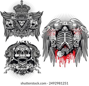 set, gothic sign with skull (Hand drawn vector image), grunge vintage design t shirts