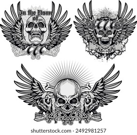 set, gothic sign with skull (Hand drawn vector image), grunge vintage design t shirts