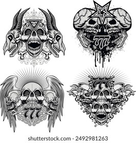 set, gothic sign with skull (Hand drawn vector image), grunge vintage design t shirts