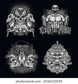set, gothic sign with skull (Hand drawn vector image), grunge vintage design t shirts