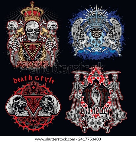 set, gothic sign with skull (Hand drawn vector image), grunge vintage design t shirts
