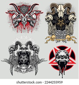 set gothic sign with skull and pentagram , grunge vintage design t shirts
