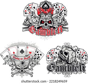 set gothic sign with skull and poker playing card, grunge vintage design t shirts