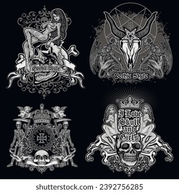 set gothic sign with skull and sexy tattooed girls, grunge vintage design t shirts
