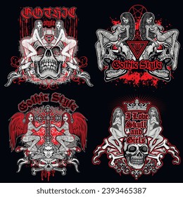 símbolo gótico con cráneo y chicas tatuadas sexys, camisetas de diseño vintage grunge