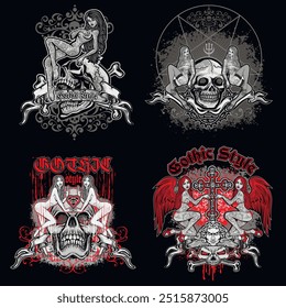 Conjunto, signo gótico con el cráneo y chicas tatuadas sexy, grunge vintage diseño camisetas