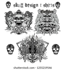 set Gothic sign with skull and wings, grunge vintage design t shirts
