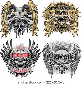 set gothic sign with skull and wings, grunge vintage design t shirts