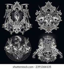 set gothic sign with skull and wings, grunge vintage design t shirts
