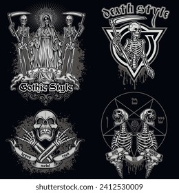set, gothic sign with skull(Hand drawn vector image), grunge vintage design t shirts