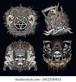 set, gothic sign with skull(Hand drawn vector image), grunge vintage design t shirts