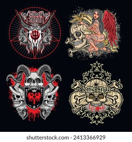 set, gothic sign with skull(Hand drawn vector image), grunge vintage design t shirts