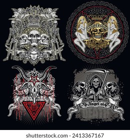 set, gothic sign with skull(Hand drawn vector image), grunge vintage design t shirts
