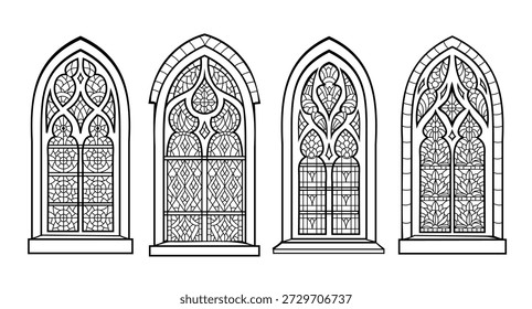 Set of gothic stained glass windows from Church of Saint Matthew in Quimper. 16th century style of Flamboyant Gothic. French architecture. Hand drawn vector. Black and white page for coloring book.