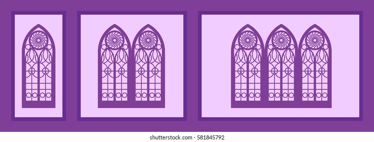 Set of Gothic windows on a purple background