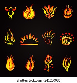 Set of gouache painted bright fires on black background.