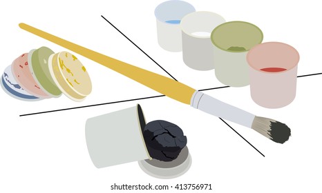 The set of gouache paints in the cans and the brush