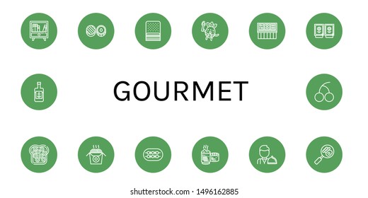 Set of gourmet icons such as Buffet, Chocolate, Bacon, Eating, Sauces, Caviar, Noodles, Shish kebab, Sticky rice, Waiter, Balsamic vinegar, Cherry , gourmet