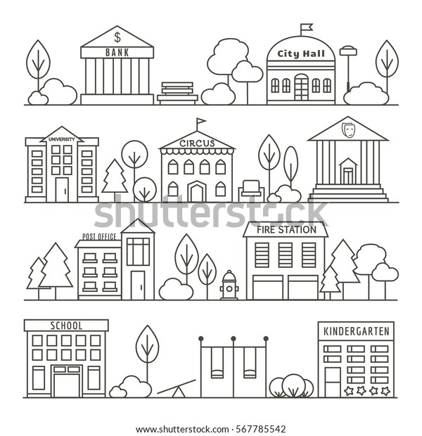 政府の建物のセット リニアスタイルのベクターシティと町のイラスト 銀行 市役所 大学 サーカス 劇場 郵便局 消防署 学校 幼稚園 のベクター画像素材 ロイヤリティフリー