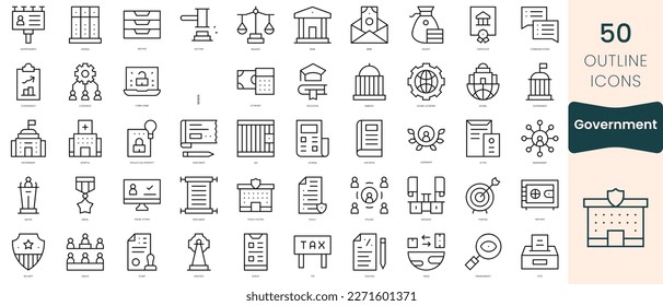 Conjunto de iconos de gobierno. Iconos de estilo lineal delgado Empaquetar. Ilustración vectorial