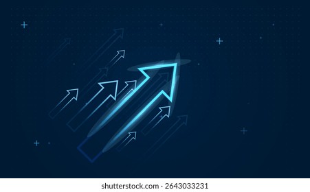Set of gowing up arrow trend with Multiple smaller arrows rise together, portraying unity, teamwork, and consistent growth in performance or data metrics vector