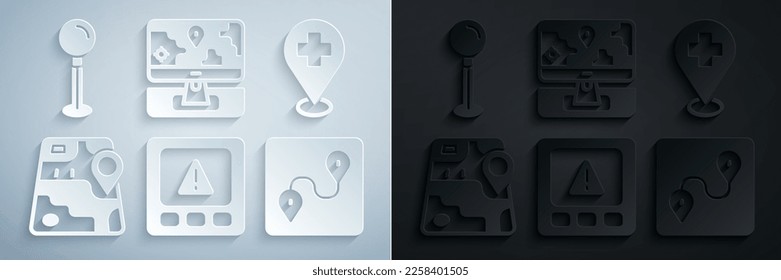 Set Gps device error, Medical location with cross, City map navigation, Route, Monitor marker and Push pin icon. Vector