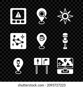 Set Gps device error, Search location, Wind rose, Alcohol beer bar, Road traffic sign, Monitor with marker, Great Bear constellation and  icon. Vector
