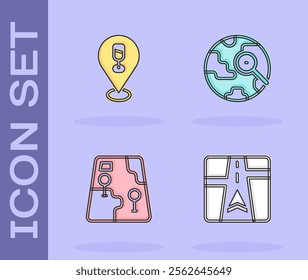 Set Gps device with map, Alcohol or beer bar location, City navigation and Magnifying glass globe icon. Vector
