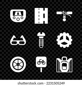Set Gps device with map, Bicycle lane, handlebar, wheel, parking, Hiking backpack, Sport cycling sunglasses and Metallic screw icon. Vector