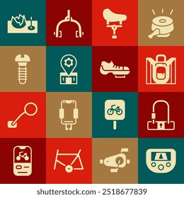 Set Gps device with map, Bicycle lock, Hiking backpack, seat, repair service, Metallic screw, on street ramp and shoes icon. Vector