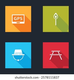 Set Gps device with map, Burning match fire, Camping hat and Picnic table benches icon. Vector