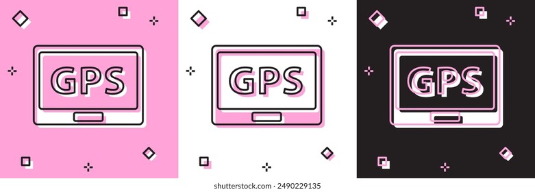 Set Gps device with map icon isolated on pink and white, black background.  Vector Illustration
