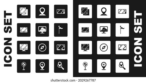 Set Gps device with map, Location, City navigation, Folded, marker,  and Monitor location icon. Vector