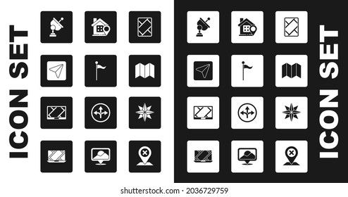 Set Gps device with map, Location marker, Infographic of city navigation, Radar, Folded, house, Wind rose and  icon. Vector