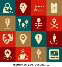 Set Gps device with map, Location person, Parking car barrier, Route location, Traffic light, Folded marker and Road icon. Vector