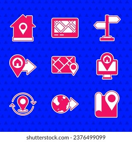 Set Gps device with map, Location on the globe, Folded location marker, Monitor, Map pin, house, Road traffic sign and  icon. Vector