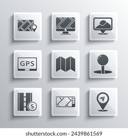 Set Gps device with map, Location, Push pin, Folded, Toll road traffic sign, City navigation and  icon. Vector