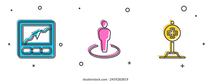 Set Gps device with map, Location person and cross hospital icon. Vector