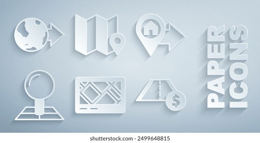 Set Gps device with map, Location house, Folded location marker, Toll road traffic,  and the globe icon. Vector