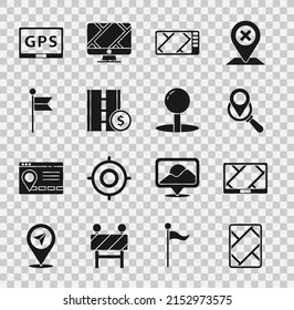Establezca el dispositivo Gps con el mapa, la ubicación de la búsqueda, el símbolo de tráfico de la carretera de peaje, el marcador de ubicación y el icono del pasador de inserción. Vector