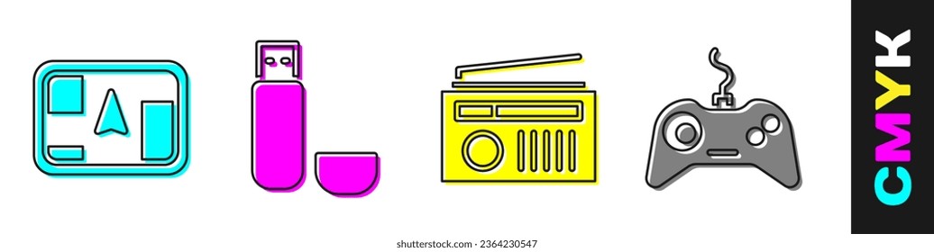 Set Gps device with map, USB flash drive, Radio with antenna and Gamepad icon. Vector