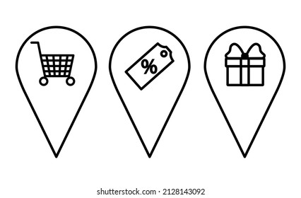 Set of GPS icons with different signs in doodle style. Location pin pointer vector set with shop, supermarket, trade. Design elements for games, banner, poster, web sites