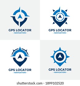 Set of gps locator logo design template. Compass and gps map location icon vector combination. Creative compass logo symbol concept.